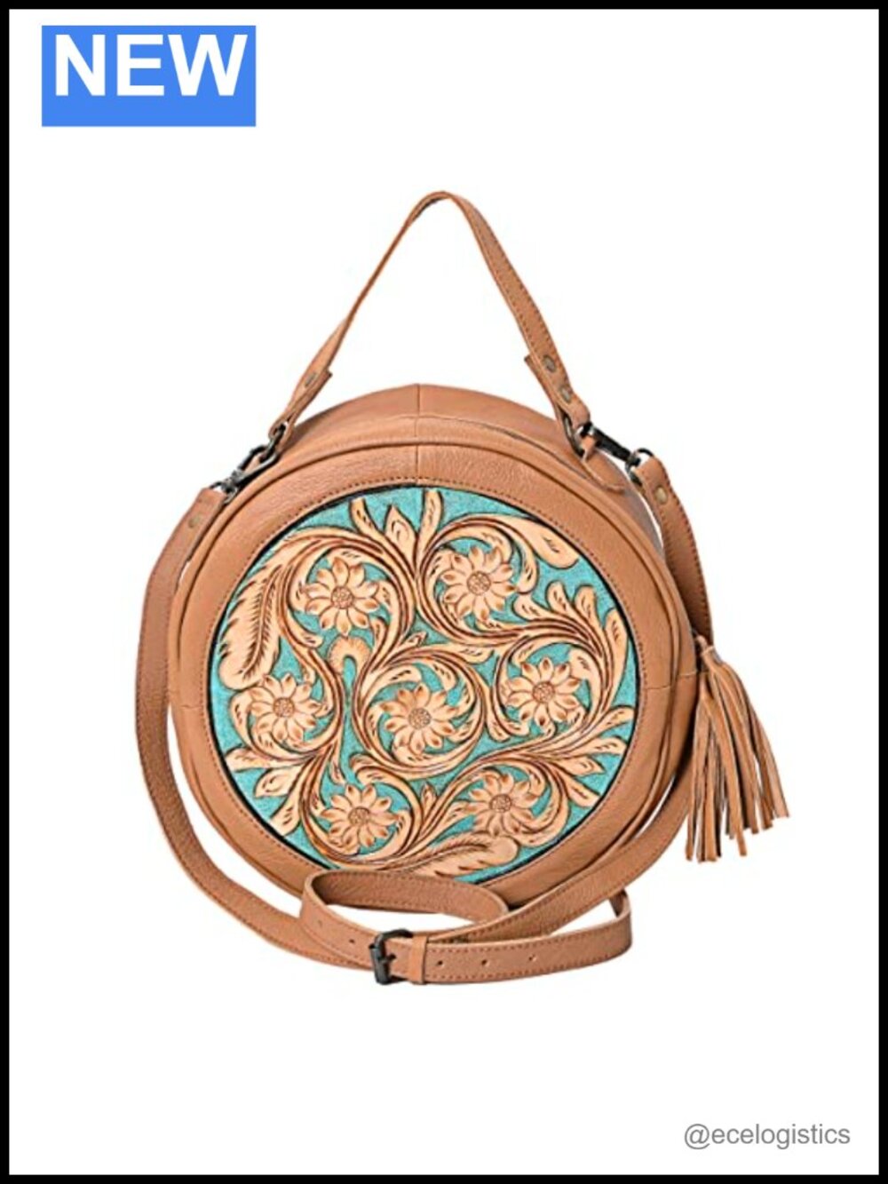 Genuine Leather Round Crossbody Bag Boho Handmade Butterfly Embossed Purse